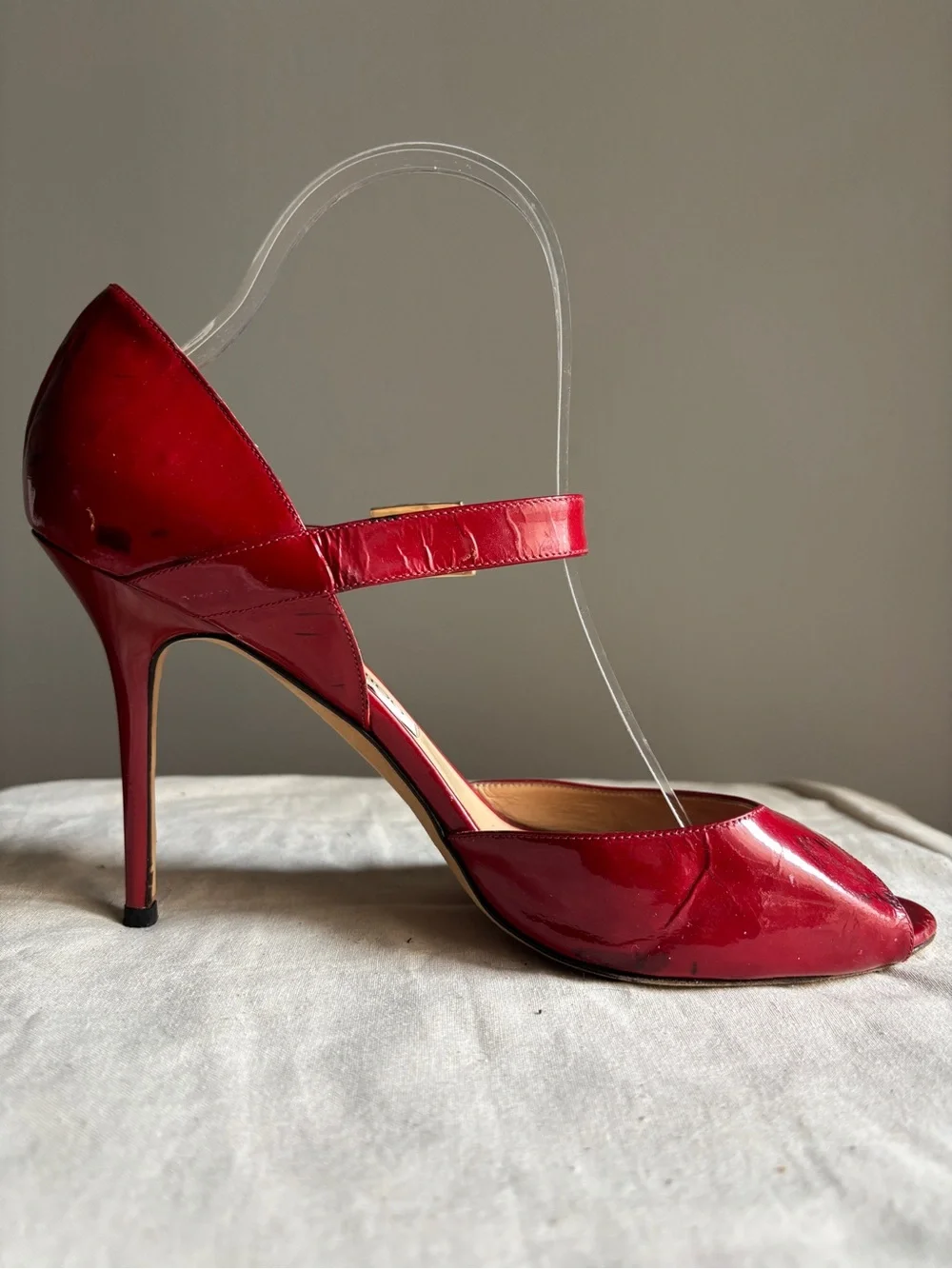 Jimmy Choo Peep Toe Stiletto Heels Red Patent Leather Mary Jane EU 41 US 10